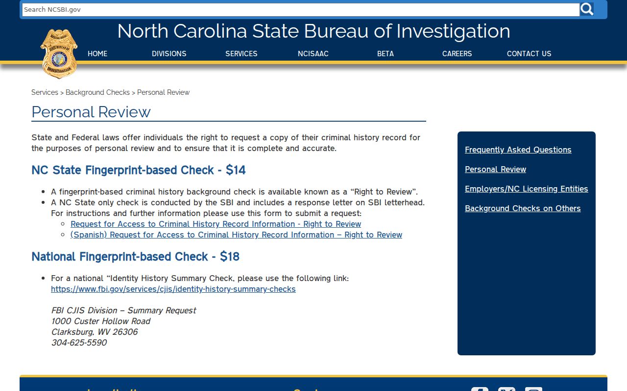 Macon County criminal history SBI fingerprint personal review instructions
