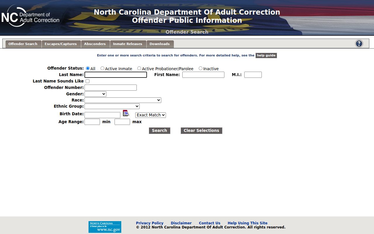 Macon County criminal history NCDAC custody and supervision search fields